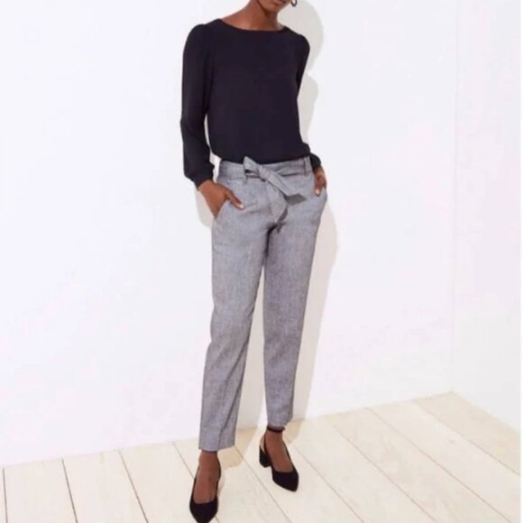LOFT Marisa Heather Gray Straight-Leg Size 12 Belted Trousers - Picture 1 of 3